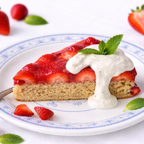 Spongecake with Strawberries (Vegan, Gluten-free) 6 Stück veganer glutenfreier Biskuitkuchen mit Erdbeeren, Vanillesoße und frischen Erdbeerstückchen auf weißem Teller im Querformat