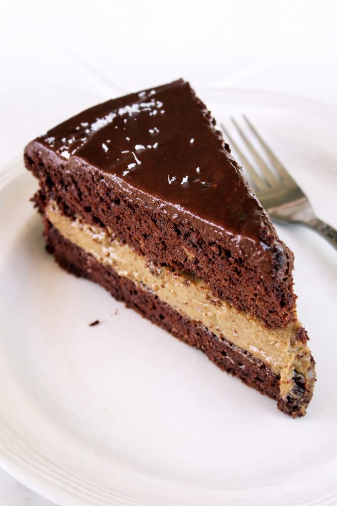 Chocolate Mocha Cake (Vegan, Gluten-free) 2 Slice of vegan mocha chocolate cake with creamy filling