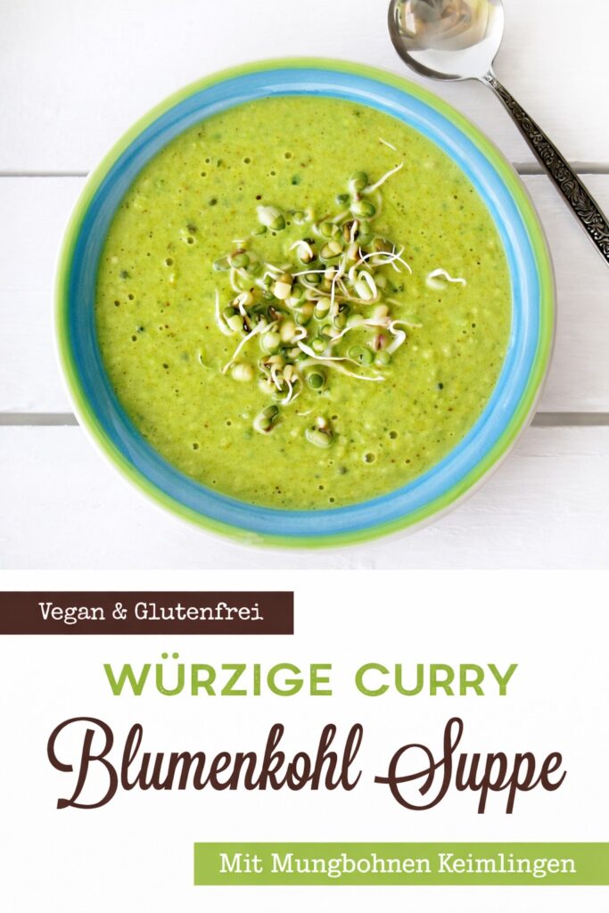 Blended cauliflower soup with curry spices and mung bean sprouts