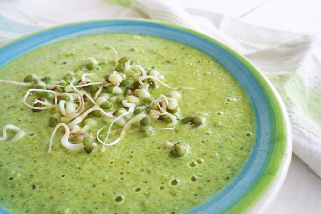 Vegan curried cauliflower soup with coconut milk and mung bean sprouts