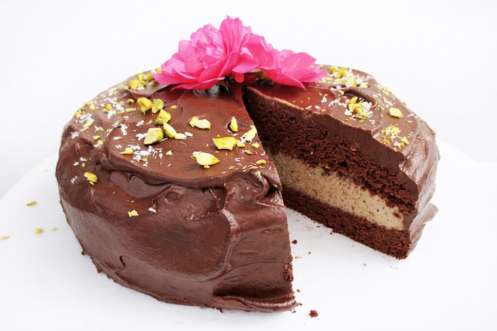 Chocolate Coffee Cake (Vegan, Gluten-free, No Refined Sugar) 4 Side view of layered chocolate coffee cake with coffee filling