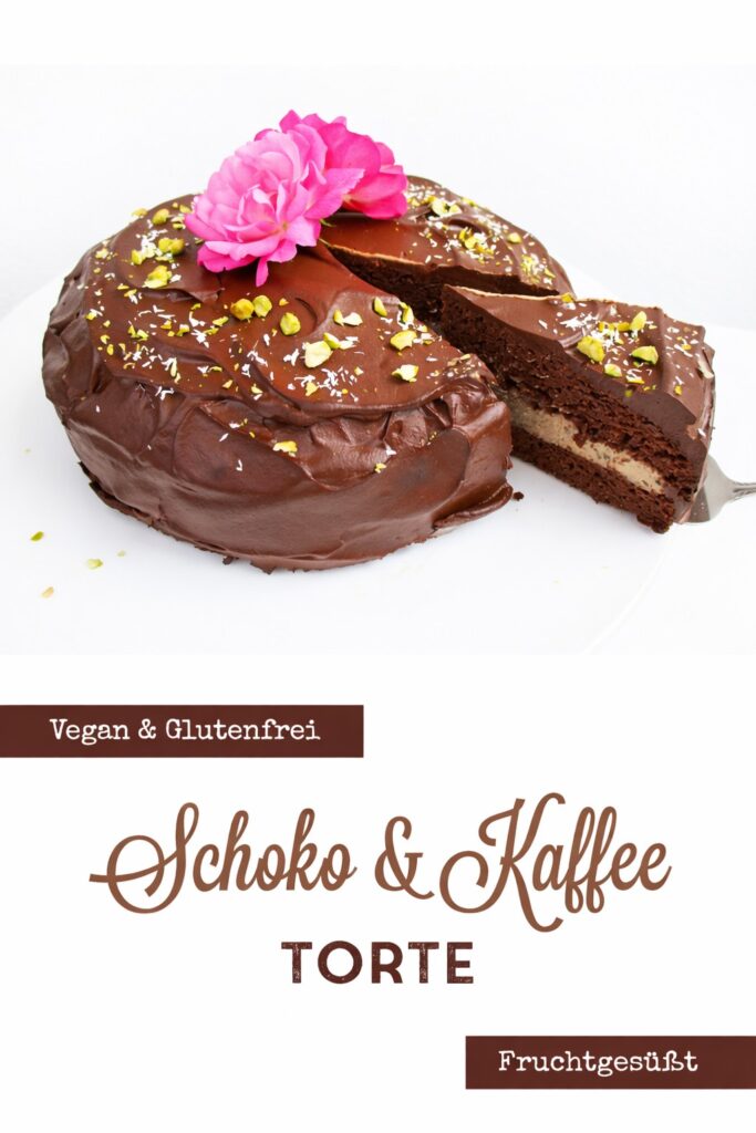 Schoko-Kaffee-Torte (Vegan, Glutenfrei, Fruchtgesüßt) 8 Backrezept: Schoko Kaffee Torte (vegan, glutenfrei) angeschnitten – Schichten aus dunklem Teig und Kaffeecreme sichtbar.