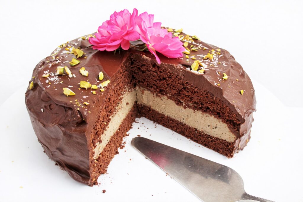 Chocolate Coffee Cake (Vegan, Gluten-free, No Refined Sugar) 6 Finished vegan gluten-free chocolate coffee cake ready to serve