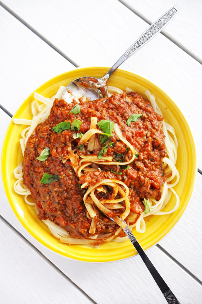 Vegan gluten-free tomato-free Bolognese sauce with mushrooms and peppers.