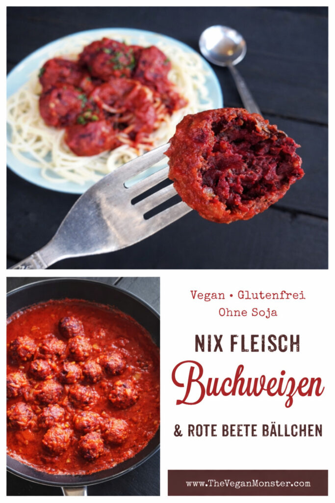 Vegane glutenfreie Fleischbällchen aus Buchweizen und Roter Bete in Tomatensauce auf Spaghetti angerichtet