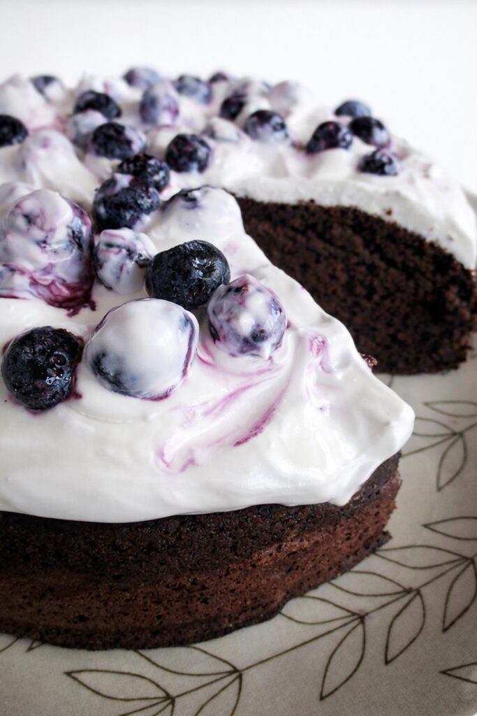 Close-up of vegan gluten-free chocolate cake texture with blueberry yogurt frosting.